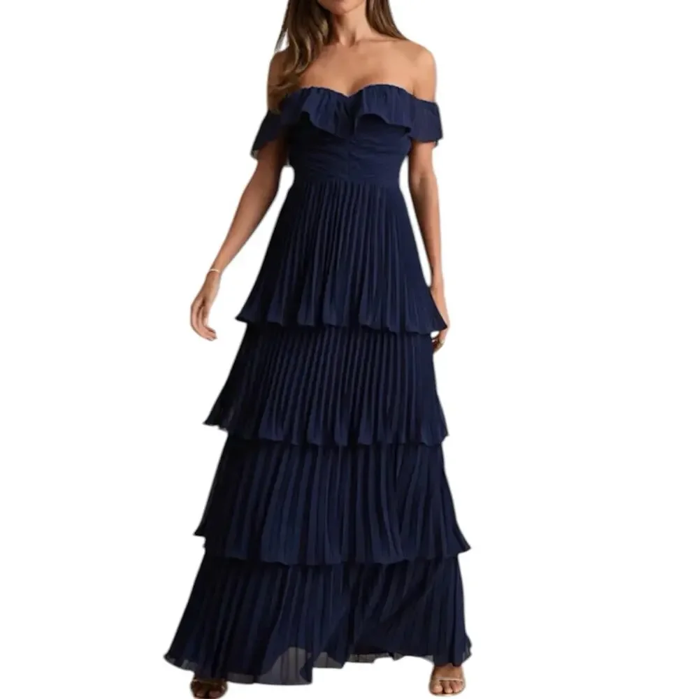 NWT Lulus Always Remarkable Navy Pleated Off the Shoulder Maxi Dress Size 1X - Picture 1 of 9
